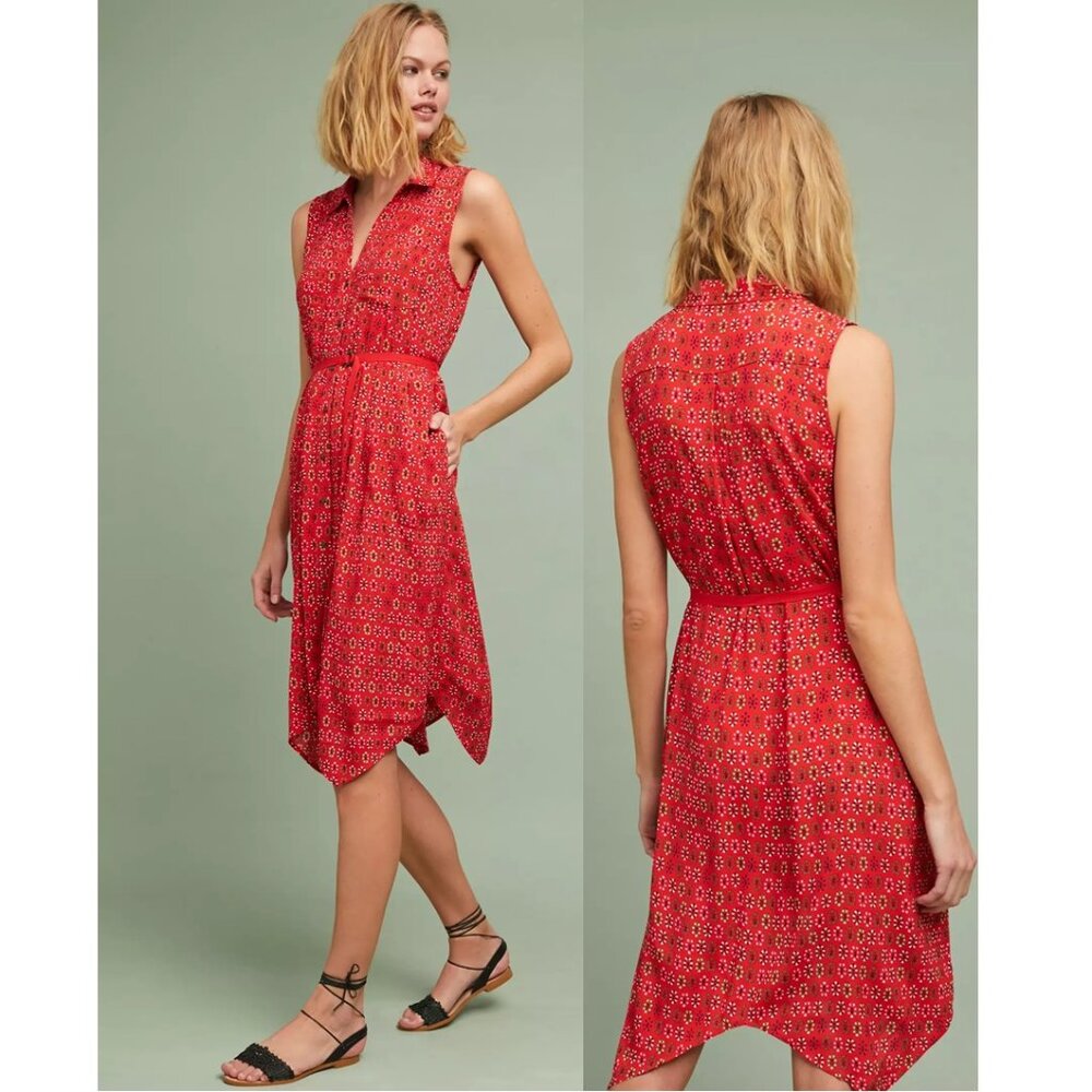 NEW Anthropologie Maeve Daisy Midi Shirtdress Ditsy Floral Red Shirt Dress